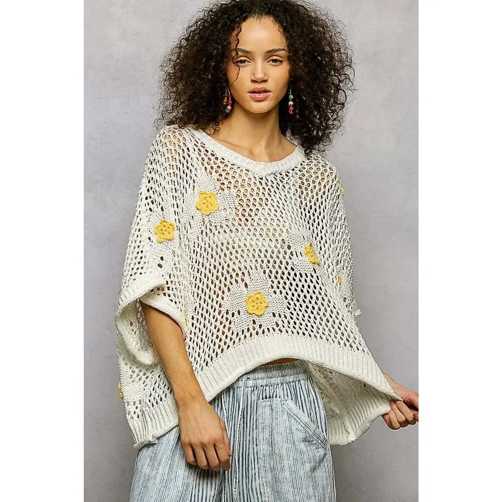 "Bloomin' Filly" Floral Patch Open Sweater Top Black - Picture 12 of 16